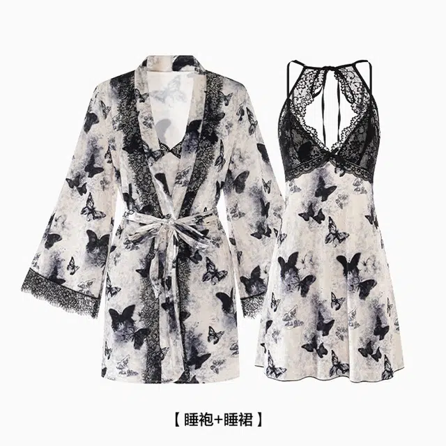 潞优野 甜美蝴蝶提花吊带睡裙长袖外袍睡衣套装 女款 米色