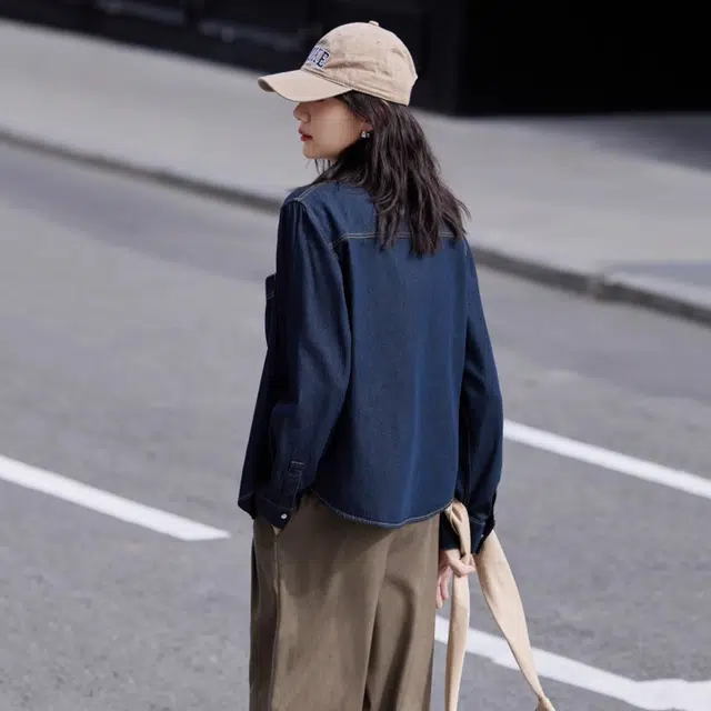 潞优野 舒适时尚百搭复古纯棉原叠穿长袖衬衫 女款 深牛仔蓝色