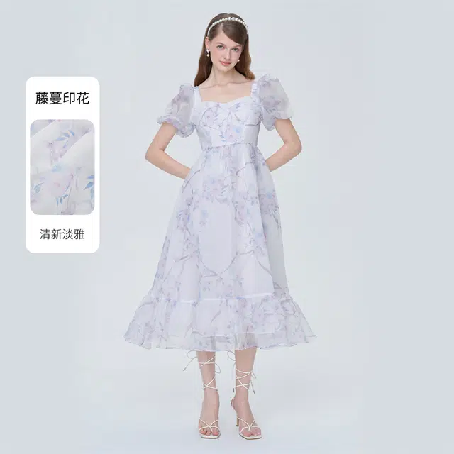 印花方领满印高腰泡泡 粉紫印花短袖连衣裙 女款
