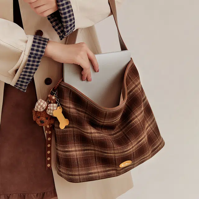 TOUTOU Vintage Plaid Tote Bag Chocolate Brown
