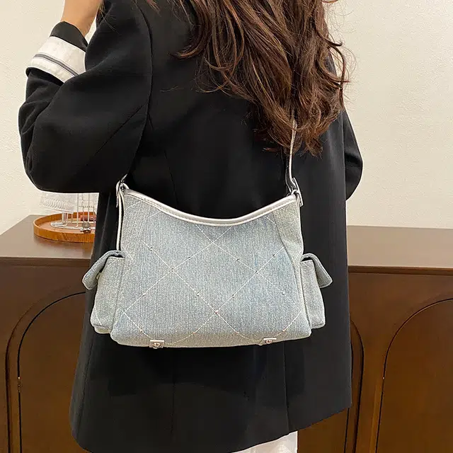 雅鹿 休闲百搭通勤 牛仔布 单肩包 女款 棕色/银色