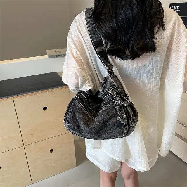 雅鹿 复古百搭拉链开合 牛仔布 单肩包 女款 黑色/浅蓝色/深蓝色