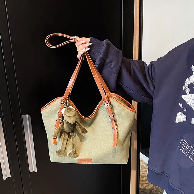 雅鹿 撞色时尚百搭通勤 帆布 托特包单肩包 常规 女款 黑色/棕色