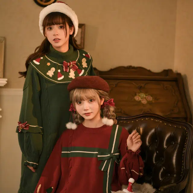 森女部落 圣诞系列套撞色复古立体蝴蝶结针织 圣诞毛衣 女款 红色