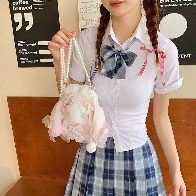 布依诺 可爱洛丽塔垂耳兔软萌蝴蝶结珍珠少女心 毛料 单肩包 女款 粉红色