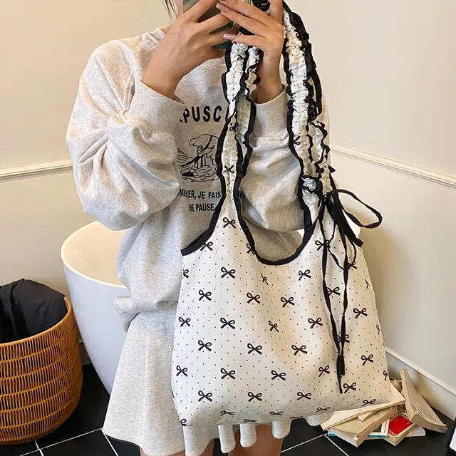 布依诺 韩系小众蝴蝶结波点甜美百搭 牛津布 托特包单肩包 女款 白色