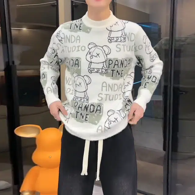 捷帕 韩系潮流时尚小熊字母印花保暖舒适长袖打底衫圆领套头仿水貂绒毛衣学生青年简约百搭帅气针织衫 男女同款