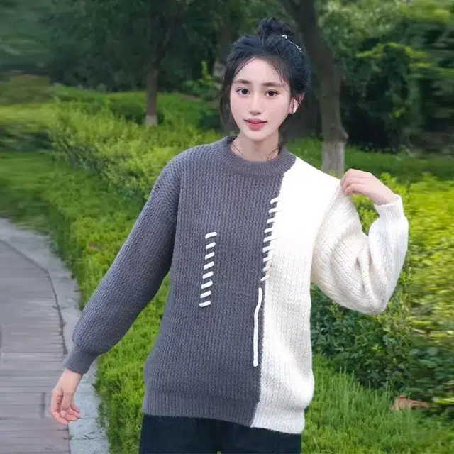 捷帕 美式复古撞色拼接圆领套头落肩长袖上衣外穿内搭保暖舒适宽松大码韩系高街港风潮流针织衫 男女同款