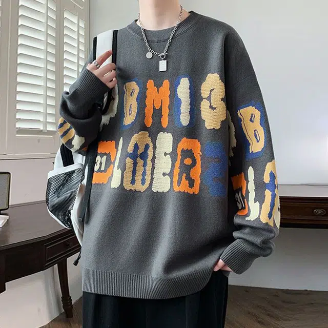 捷帕 保暖加厚字母印花宽松大码圆领套头长袖打底衫外穿内搭时尚潮流舒适百搭针织衫 男女同款