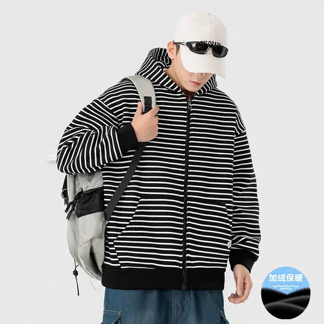 捷帕 美式复古条纹连帽重磅开衫高街潮牌宽松保暖舒适休闲通勤简约百搭卫衣外套 男女同款