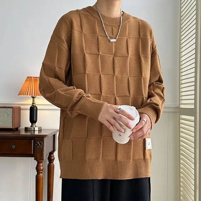 捷帕 简约时尚纯色百搭方格长袖打底衫圆领套头宽松舒适韩系潮流学生青年日常休闲针织衫 男女同款