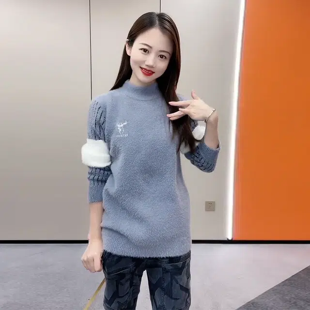 捷帕 韩系时尚保暖舒适条纹拼色仿水貂绒长袖毛线打底衫美式潮牌圆领套头情侣休闲通勤简约百搭针织衫 男女同款