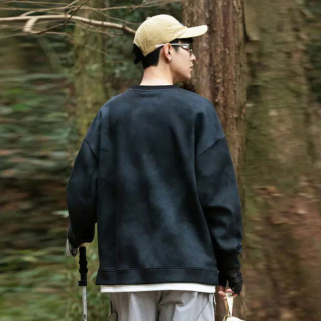捷帕 美式复古假两件圆领落肩长袖重磅扎染脏脏色百搭打底衫上衣学生休闲通勤套头潮牌卫衣 男女同款