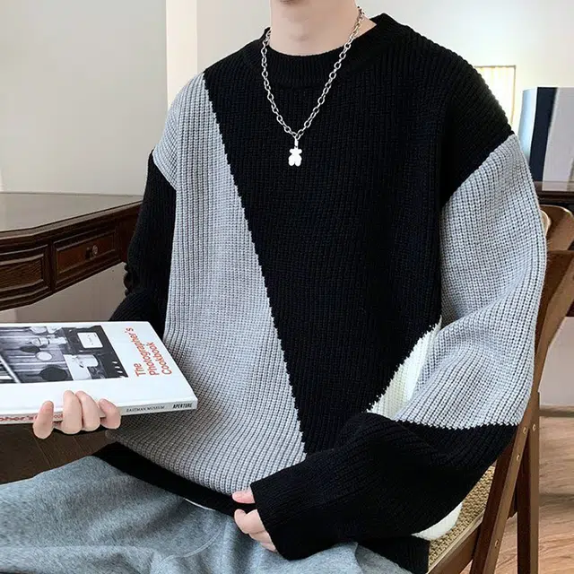 捷帕 韩系时尚潮流撞色拼接加厚保暖长袖毛衣圆领套头宽松大码打底衫学生青年休闲百搭针织衫 男女同款