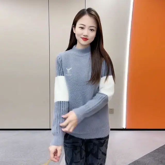 捷帕 韩系时尚保暖舒适条纹拼色仿水貂绒长袖毛线打底衫美式潮牌圆领套头情侣休闲通勤简约百搭针织衫 男女同款