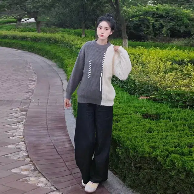 捷帕 美式复古撞色拼接圆领套头落肩长袖上衣外穿内搭保暖舒适宽松大码韩系高街港风潮流针织衫 男女同款