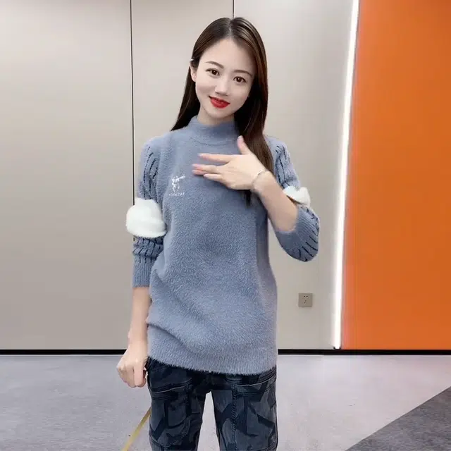 捷帕 韩系时尚保暖舒适条纹拼色仿水貂绒长袖毛线打底衫美式潮牌圆领套头情侣休闲通勤简约百搭针织衫 男女同款