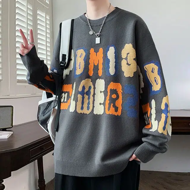 捷帕 保暖加厚字母印花宽松大码圆领套头长袖打底衫外穿内搭时尚潮流舒适百搭针织衫 男女同款