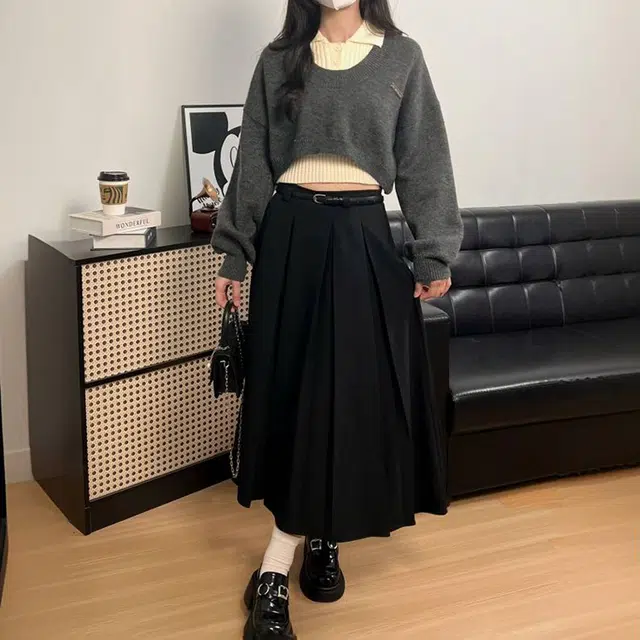 冰淇淋与鲸 美式学院风针织上衣高腰百褶长裙两件套裙装套装 女款