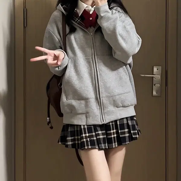冰淇淋与鲸 美式慵懒风拼接格纹开衫加厚连帽外套辣妹短款半身裙长袖裙装套装 女款
