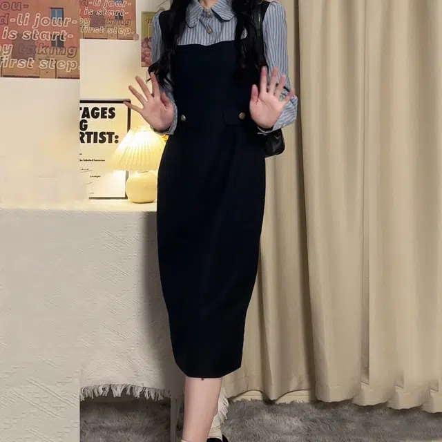冰淇淋与鲸 法式学院风假两件中长款收腰撞色长袖连衣裙 女款 黑色