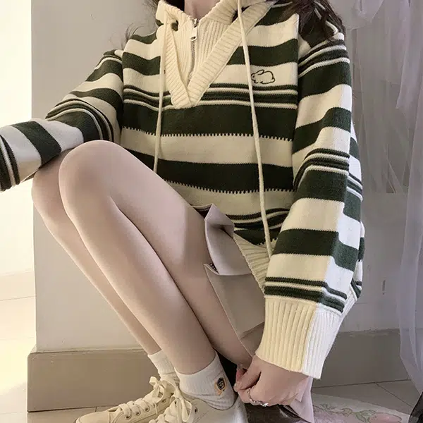 冰淇淋与鲸 拼色条纹半开襟连帽套头毛衣 女款 绿色