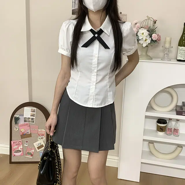 冰淇淋与鲸 纯色泡泡袖收腰修身短袖绑带衬衫高腰半身裙制服 女款