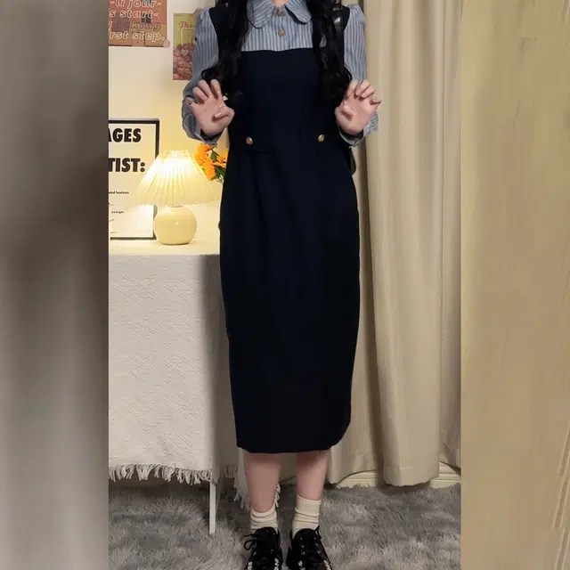 冰淇淋与鲸 法式学院风假两件中长款收腰撞色长袖连衣裙 女款 黑色