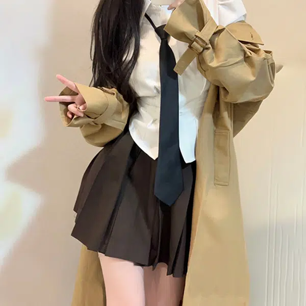 冰淇淋与鲸 纯色长袖衬衫百褶裙大衣休闲套装 女款