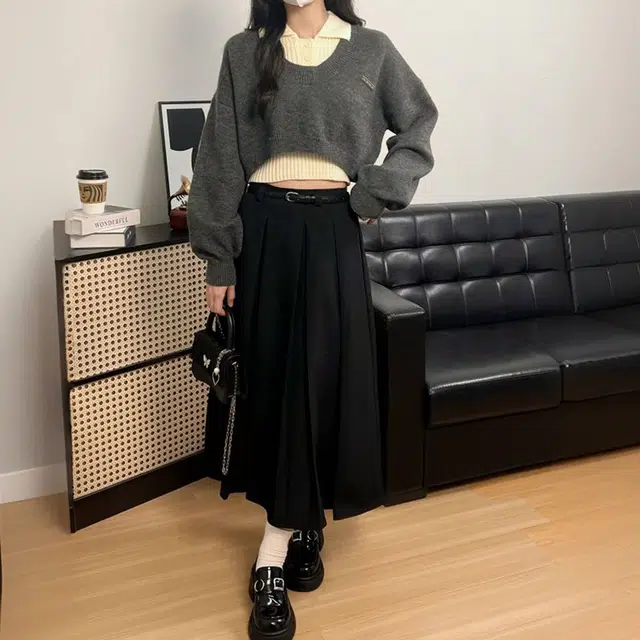 冰淇淋与鲸 美式学院风针织上衣高腰百褶长裙两件套裙装套装 女款