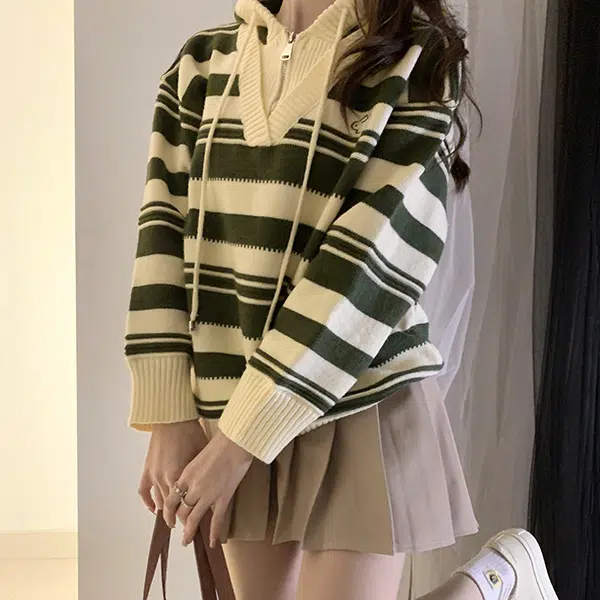 冰淇淋与鲸 拼色条纹半开襟连帽套头毛衣 女款 绿色
