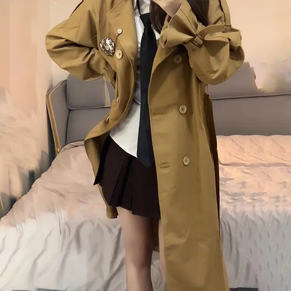 冰淇淋与鲸 纯色长袖衬衫百褶裙大衣休闲套装 女款