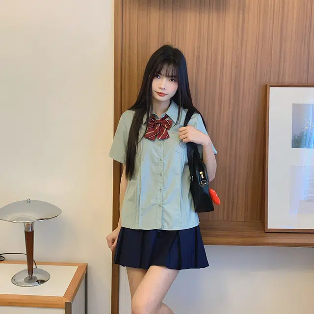 冰淇淋与鲸 学院风日常百搭上衣小清新方领樱花短袖衬衫经典纯色通勤百褶裙伯克利半身裙制服 女款