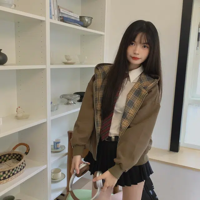 冰淇淋与鲸 帽子格子拼接拉链美式复古拼色短款连帽开衫卫衣 女款