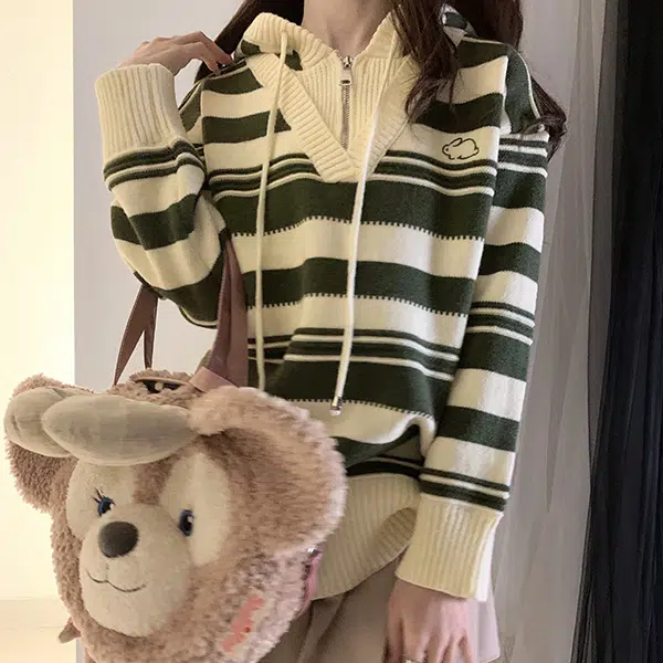 冰淇淋与鲸 拼色条纹半开襟连帽套头毛衣 女款 绿色