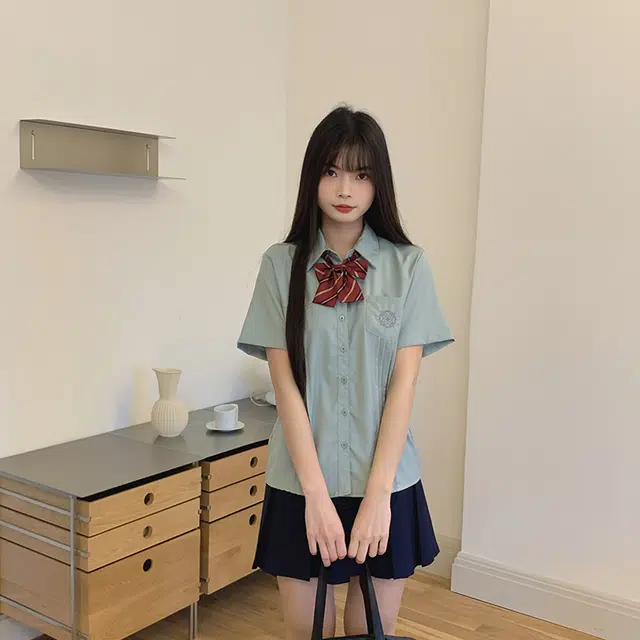 冰淇淋与鲸 学院风日常百搭上衣小清新方领樱花短袖衬衫经典纯色通勤百褶裙伯克利半身裙制服 女款