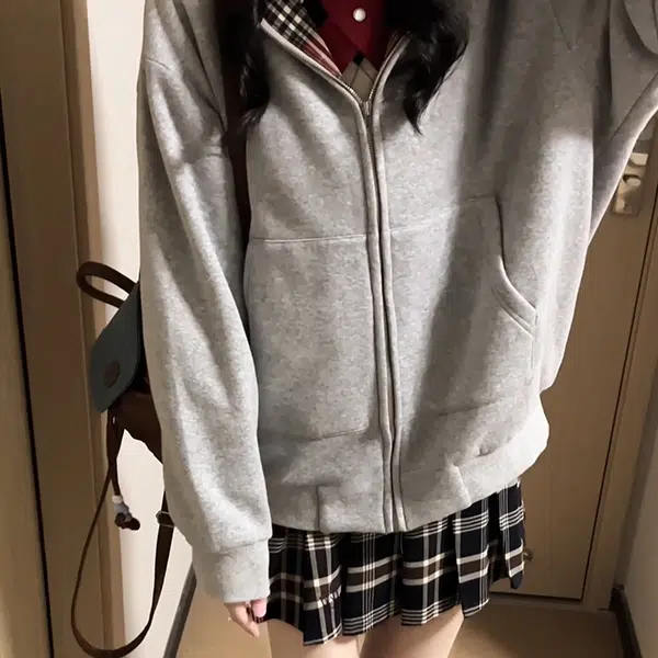冰淇淋与鲸 美式慵懒风拼接格纹开衫加厚连帽外套辣妹短款半身裙长袖裙装套装 女款