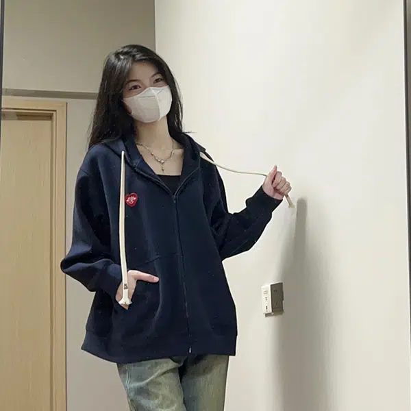 冰淇淋与鲸 复古美式纯色开衫宽松外套百搭连帽卫衣 女款 绀色
