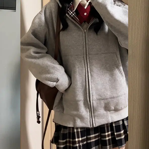 冰淇淋与鲸 美式慵懒风拼接格纹开衫加厚连帽外套辣妹短款半身裙长袖裙装套装 女款