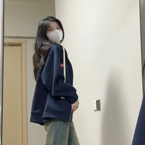 冰淇淋与鲸 复古美式纯色开衫宽松外套百搭连帽卫衣 女款 绀色