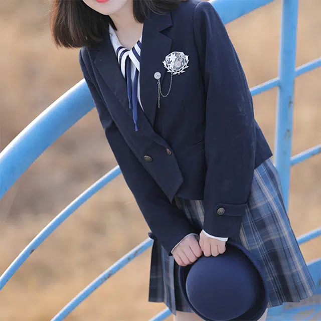 冰淇淋与鲸 学院风纯色双排扣短款长袖高腰百褶制服 女款