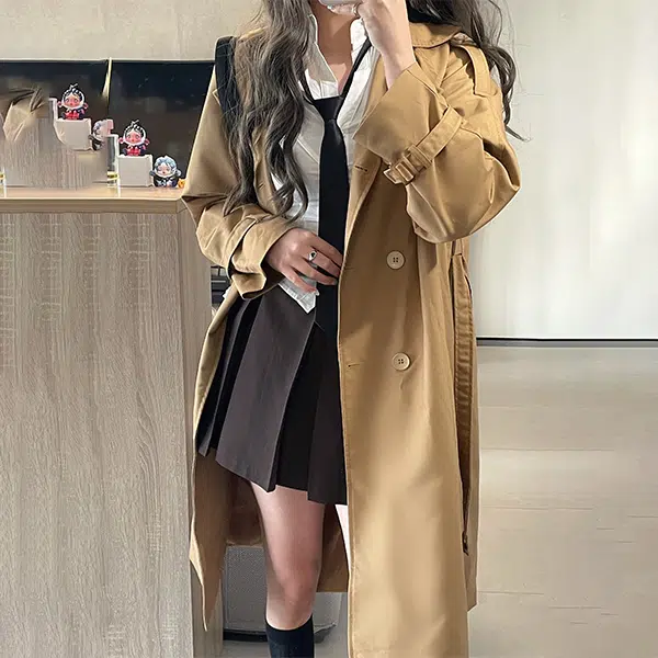 冰淇淋与鲸 纯色长袖衬衫百褶裙大衣休闲套装 女款