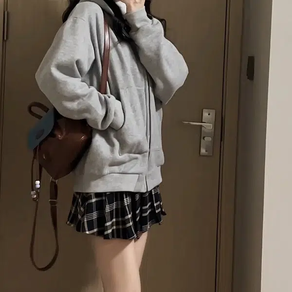 冰淇淋与鲸 美式慵懒风拼接格纹开衫加厚连帽外套辣妹短款半身裙长袖裙装套装 女款
