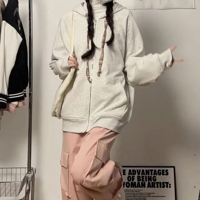 冰淇淋与鲸 格纹拼接连帽插肩袖宽松拉链休闲卫衣 女款