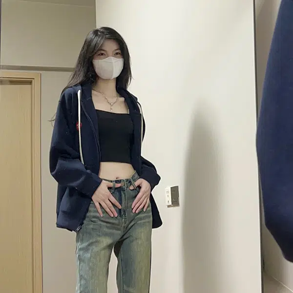 冰淇淋与鲸 复古美式纯色开衫宽松外套百搭连帽卫衣 女款 绀色