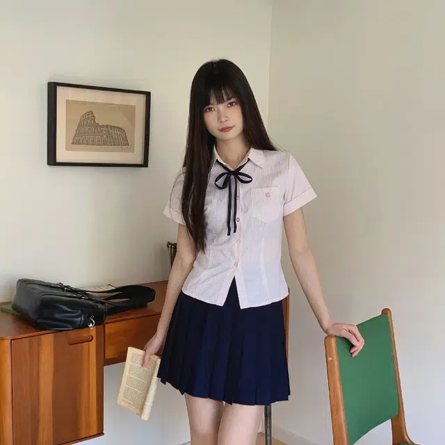 冰淇淋与鲸 夏季 学院风可爱甜美收腰显瘦纯色刺绣衬衣简约休闲方领条纹短袖衬衫 女款 礼盒装 粉色
