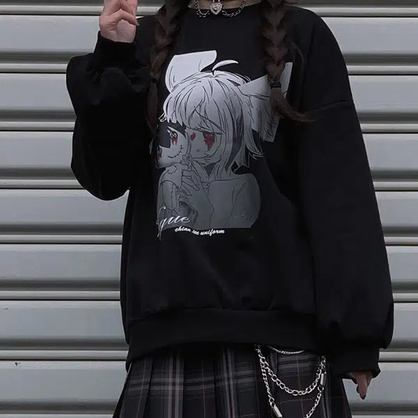 冰淇淋与鲸 字母卡通动漫人物印花圆领套头卫衣 女款 恶魔卫衣