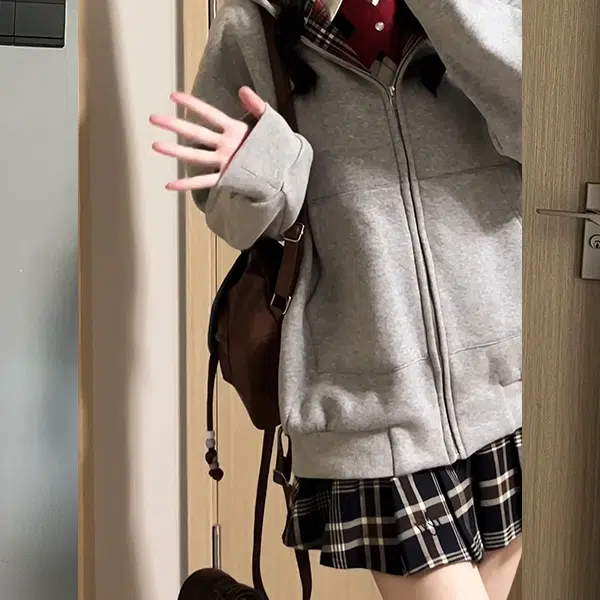 冰淇淋与鲸 美式慵懒风拼接格纹开衫加厚连帽外套辣妹短款半身裙长袖裙装套装 女款