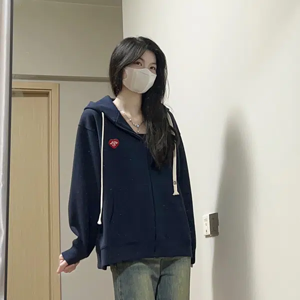 冰淇淋与鲸 复古美式纯色开衫宽松外套百搭连帽卫衣 女款 绀色