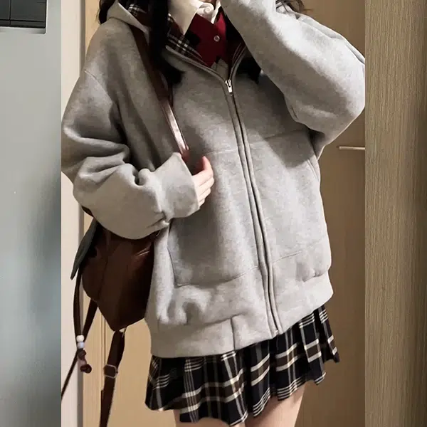 冰淇淋与鲸 美式慵懒风拼接格纹开衫加厚连帽外套辣妹短款半身裙长袖裙装套装 女款